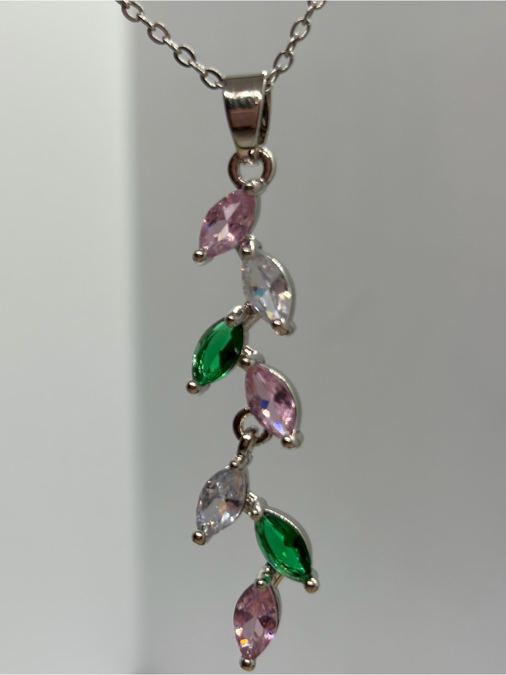 Silver Multi-Stone Drop Necklace - Pink, Green & Clear